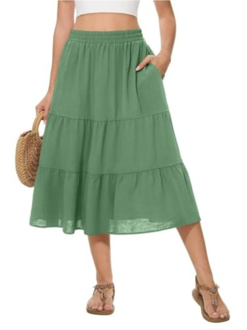 Women's Midi Skirt Tiered Flowy High Waist A-Line Ruffle Casual Pockets